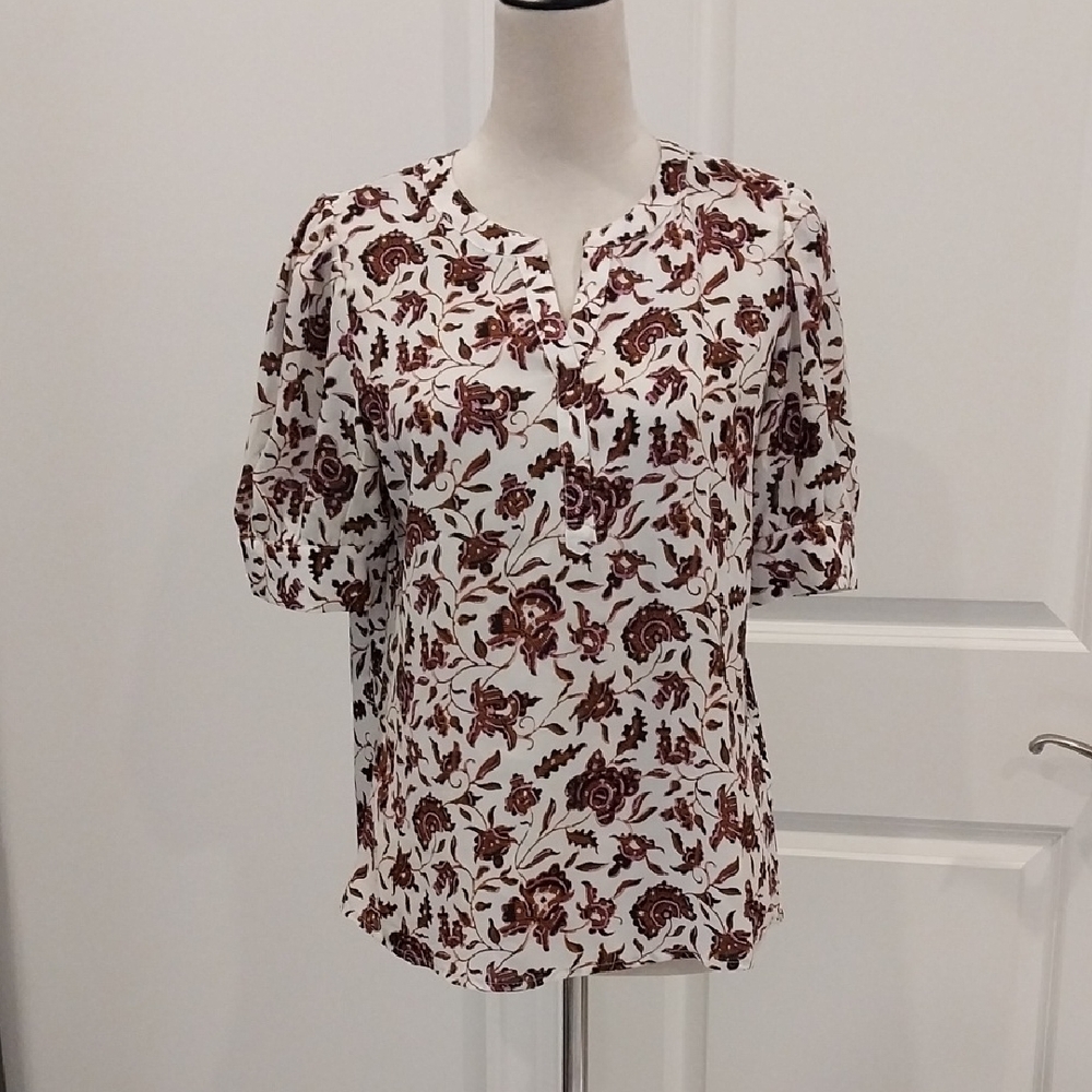 Ann Taylor Factory Cream Blouse with Brown Floral Motif